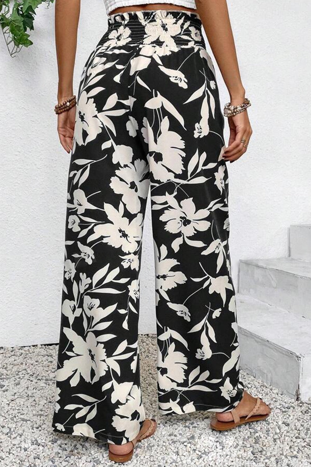 Floral Print Smocked Waist Wide Leg Pants - Black/ White