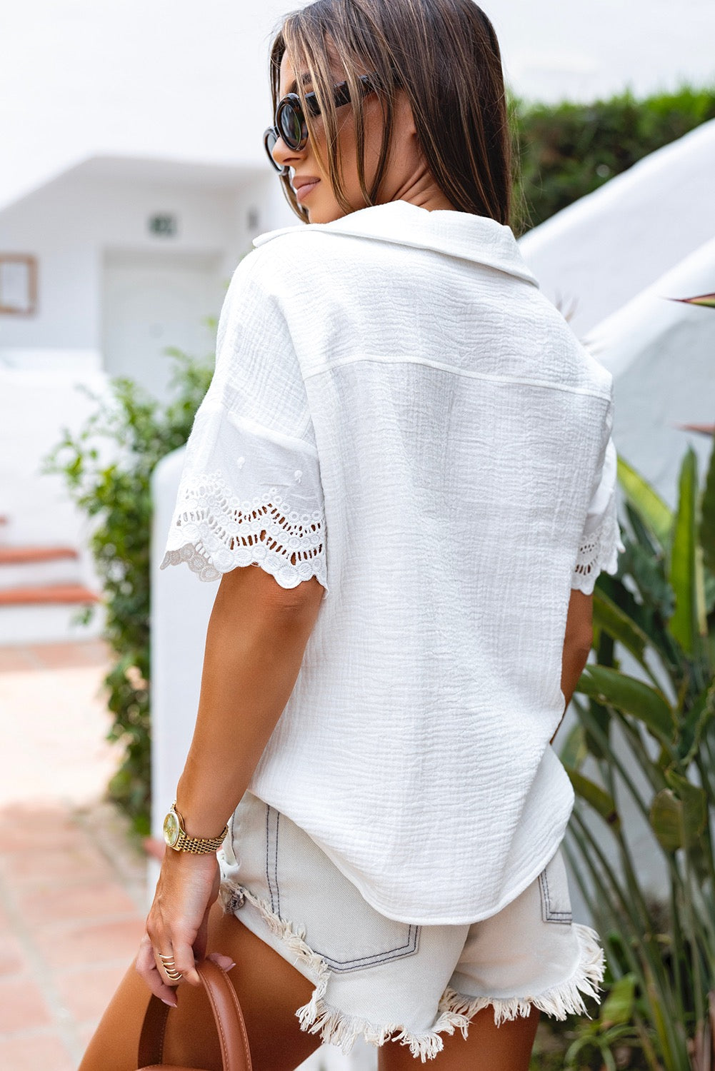 Crinkled Lace V Blouse - White