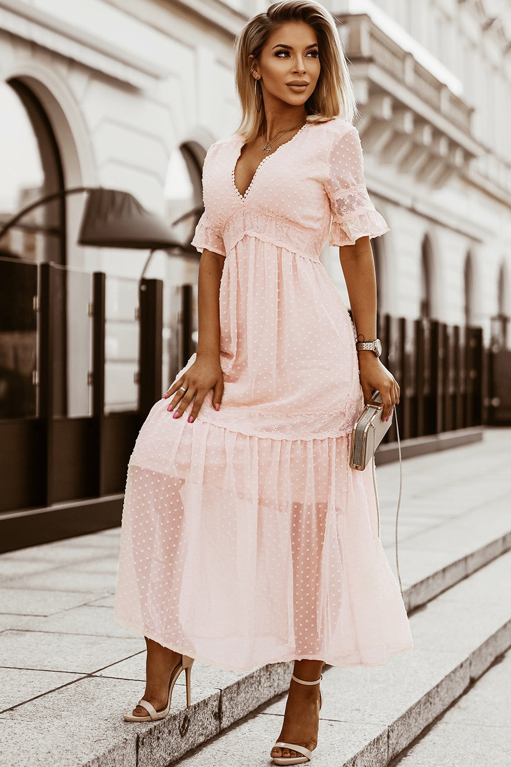 Swiss Dot Lace Trim Dress- Pink L (12-14) Swiss Dot Lace Trim Dress- Pink L (12-14)