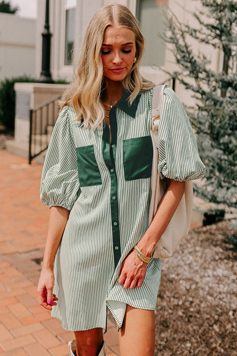 Stripe Pocket Front Shirt Dress- Green