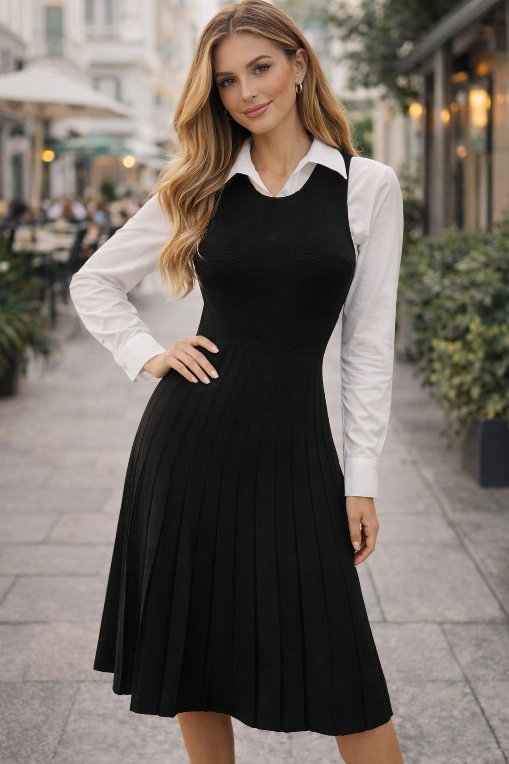 slim fit dress slacks Joseph Ribkoff Black Poplin And Silky Knit Fit and Flare Dress Style 253185