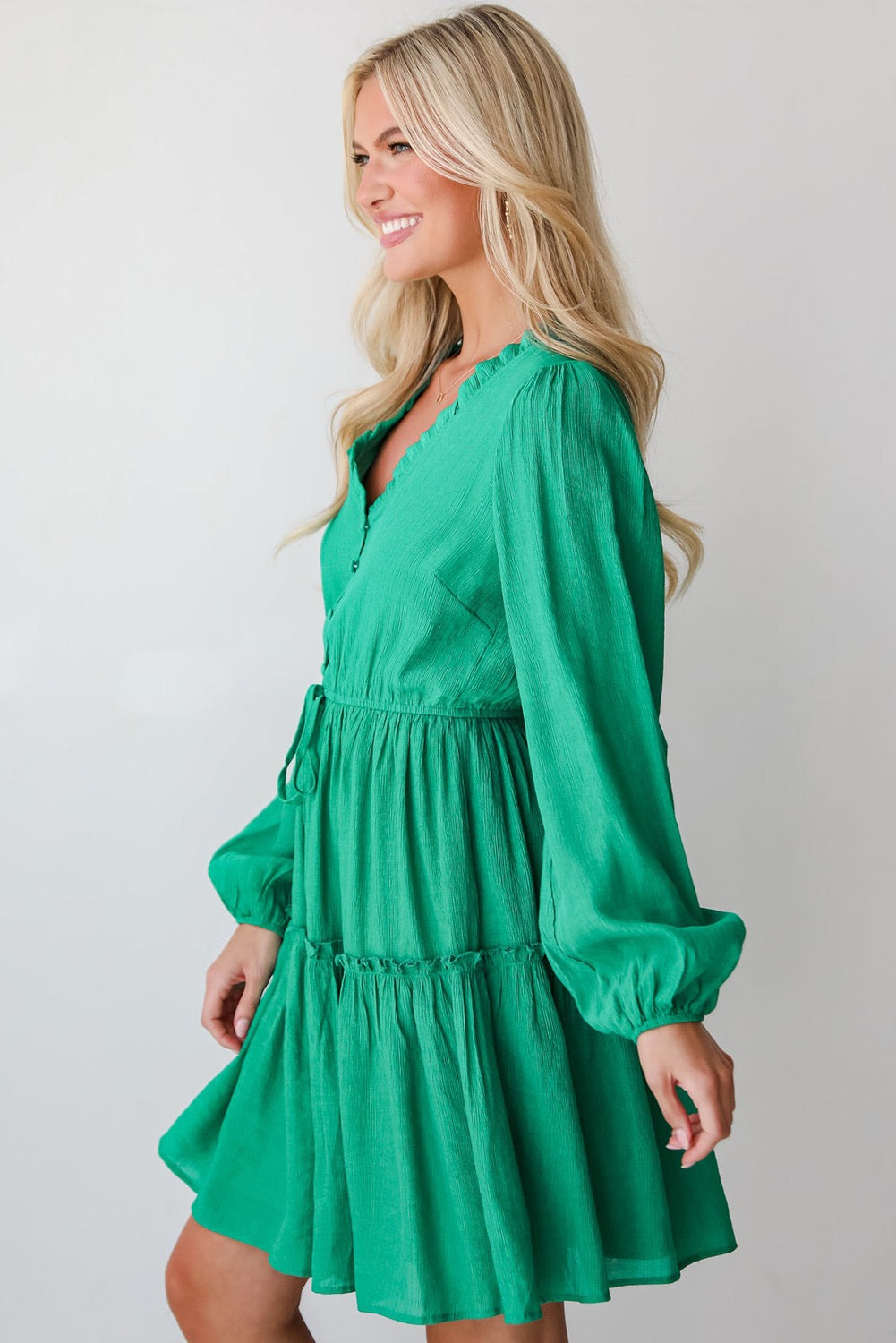 Frill Puff Sleeve V-Neck Tiered Dress - Green