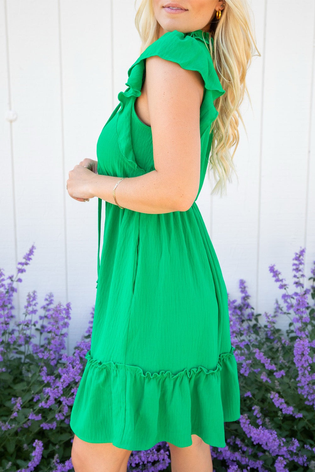 Split V Ruffle Sleeveless Tiered Dress - Green