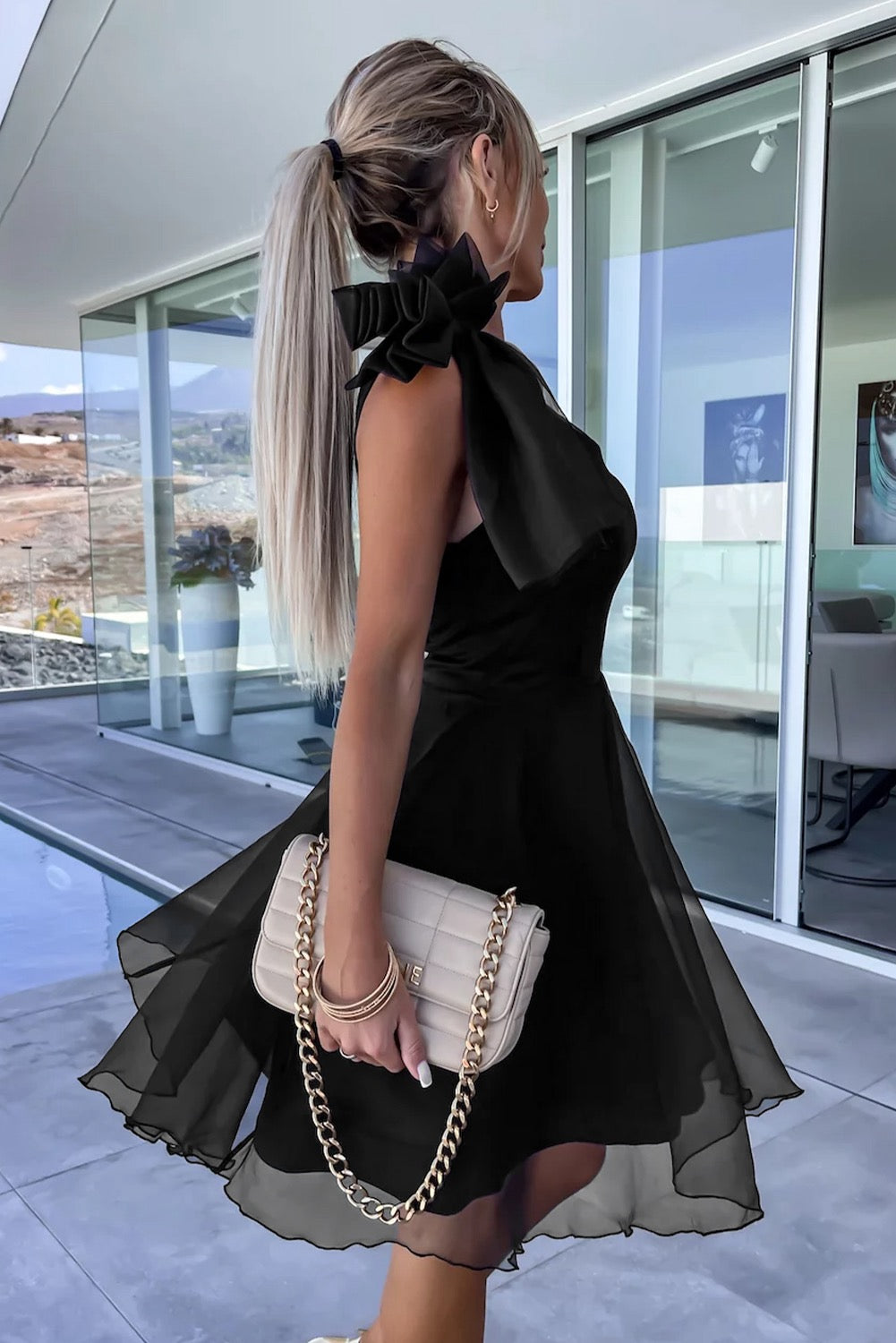 Bowtie Dress One Shoulder- Black