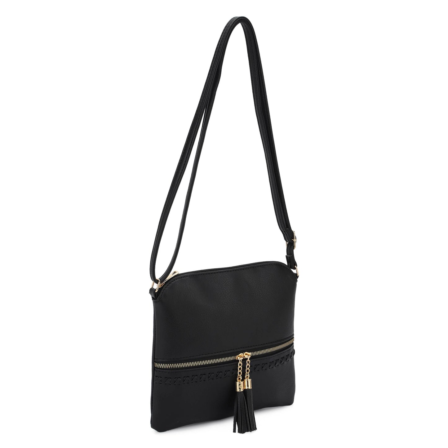 JILLIAN Chic Black Crossbody Bag for Women – Vegan Leather Shoulder Purse with Gold Zipper & Tassel