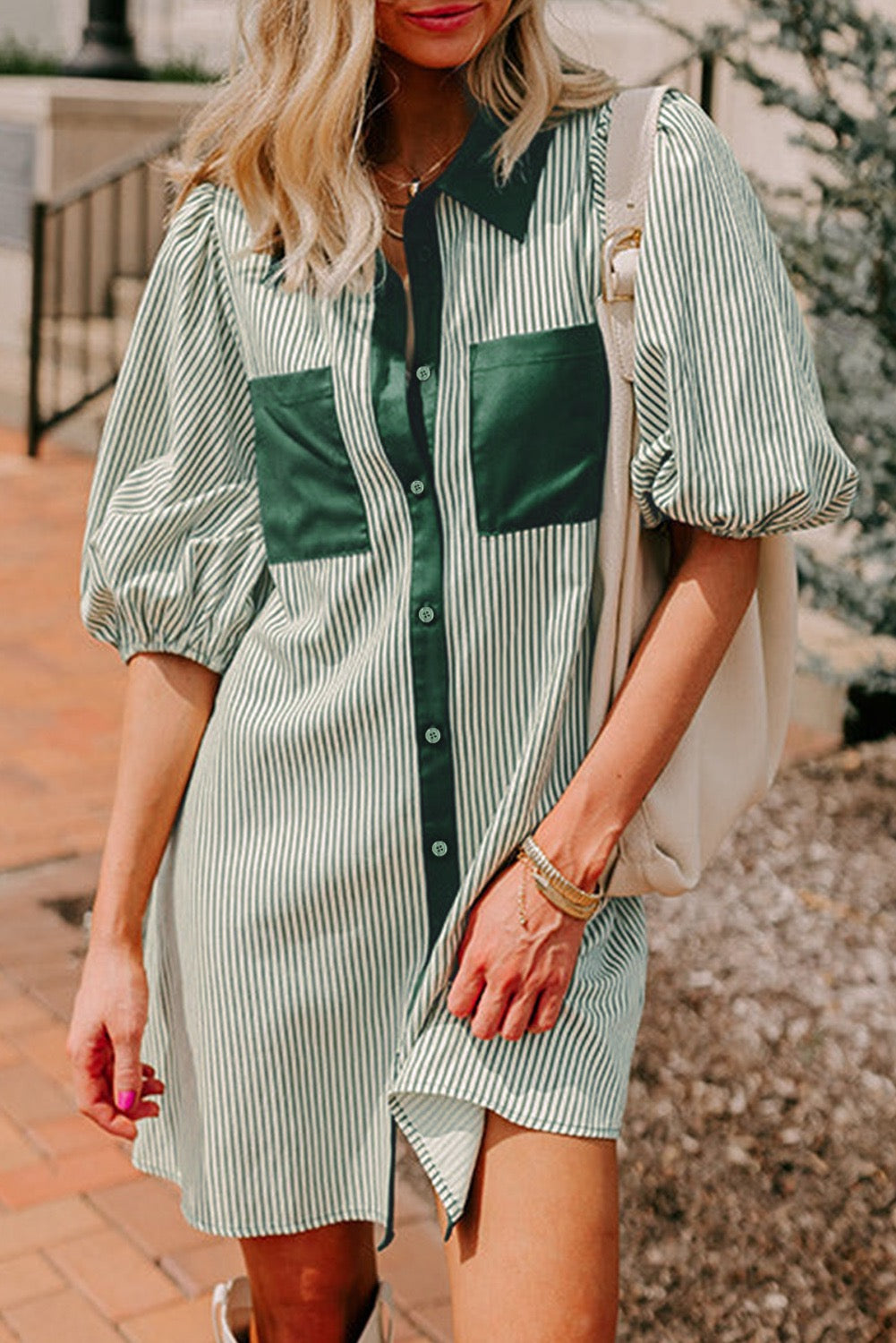 Stripe Pocket Front Shirt Dress- Green