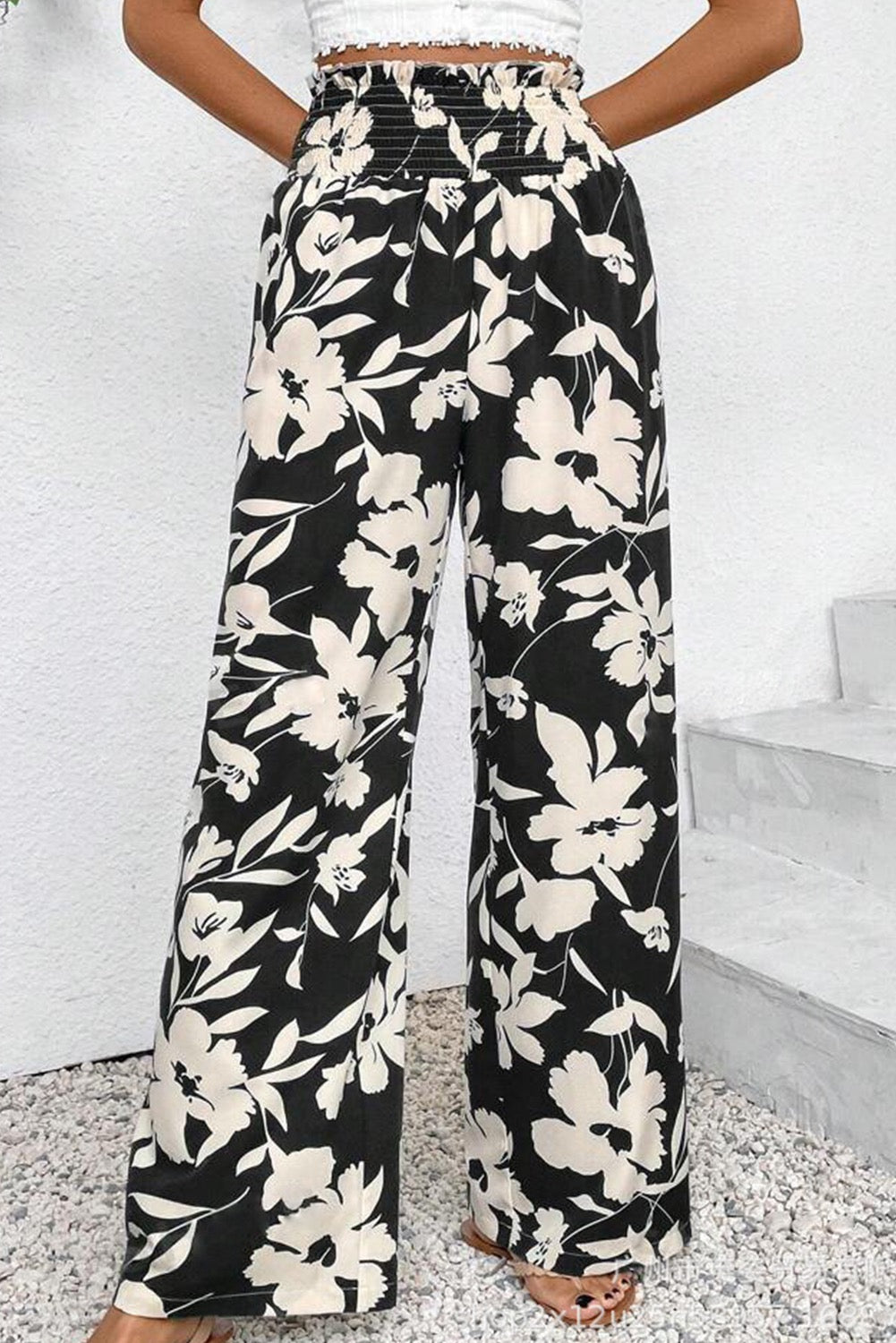 Floral Print Smocked Waist Wide Leg Pants - Black/ White