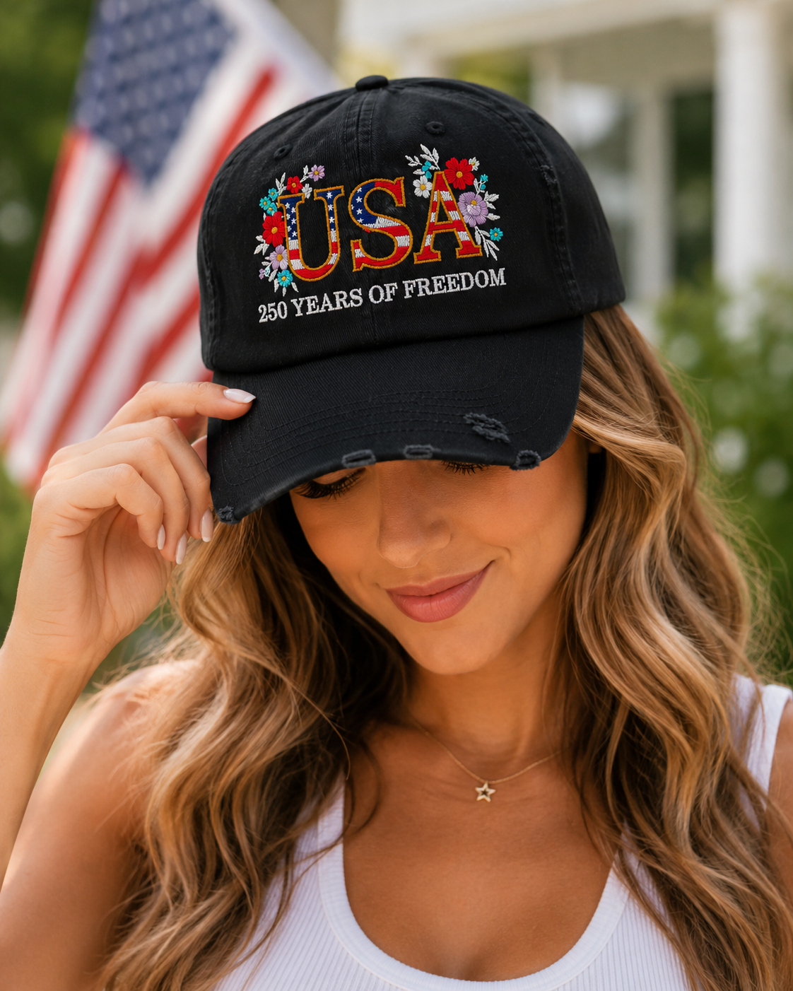 USA 250 Years of Freedom Floral Embroidered Distressed Baseball Cap | Patriotic Women's Hat | Vintage Americana Adjustable Cap