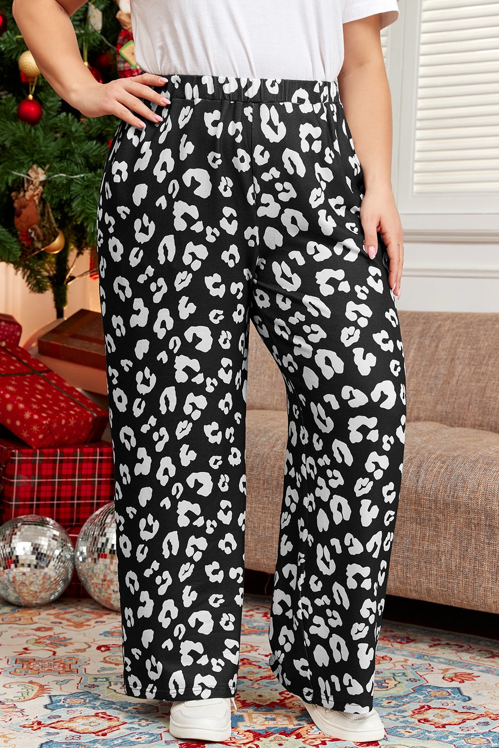 Leopard Animal Print Wide Leg Pants - Black & White