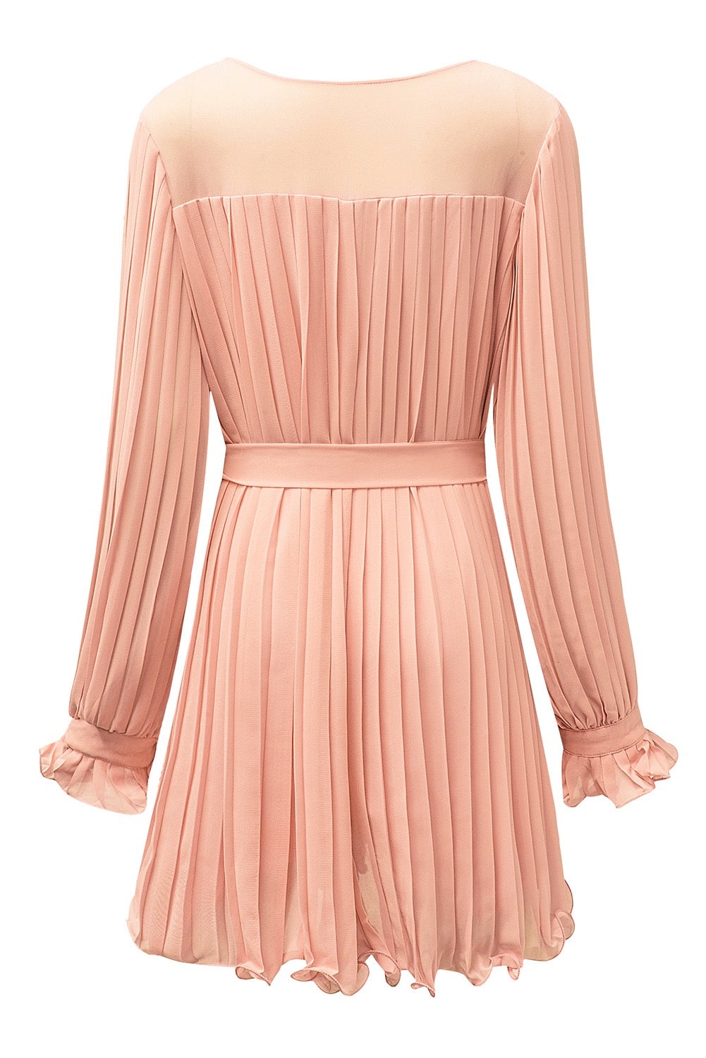 Blush Pleated Long Sleeve Romper with Waist Tie – Elegant Women’s Dressy Romper
