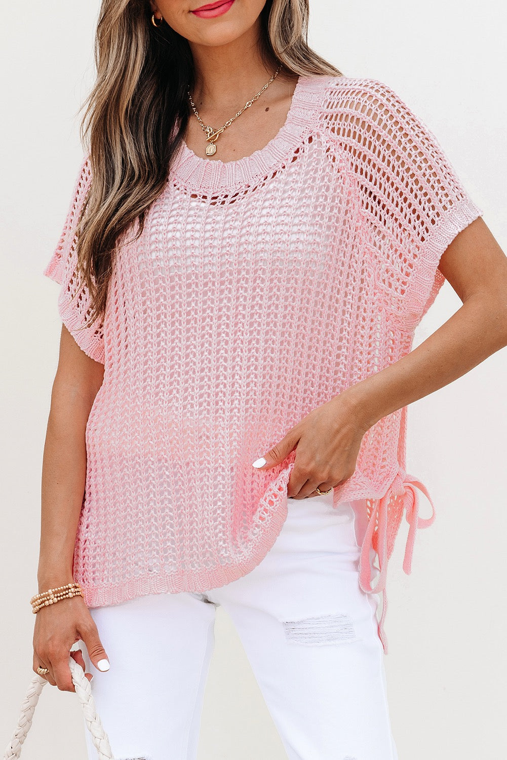 Crochet Side Tie Short Sleeve Top -Pink