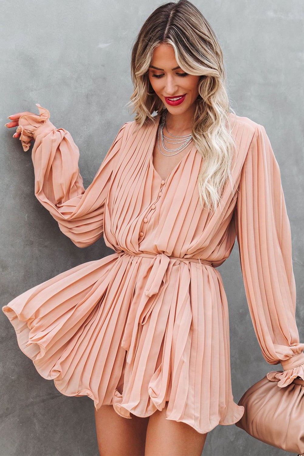 Pleated Ruffled Romper - Peach