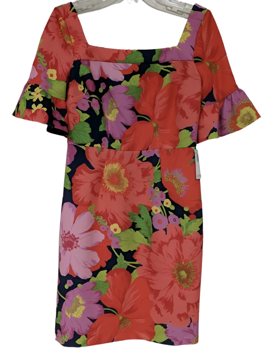 The vibrant multi-colored floral pattern square neck short ruffle sleeves adds a pop of color to your wardrobe.