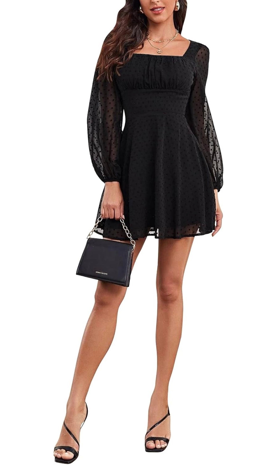 Swiss Dot Square Sheer Sleeve Dress-Black