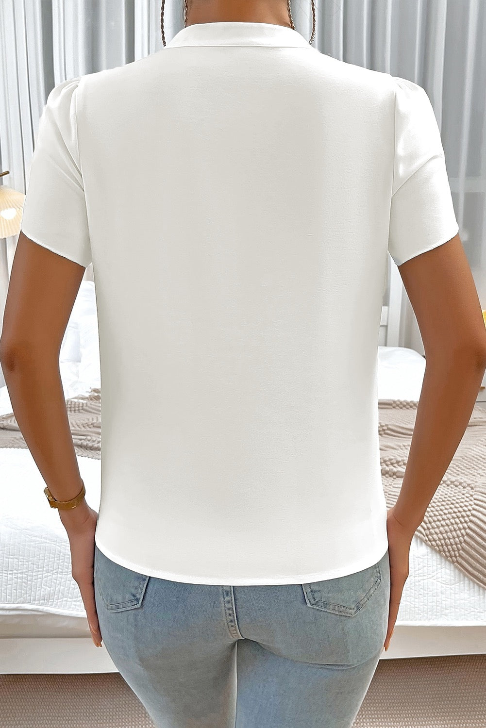 Silky Notched Petal Sleeve Blouse-White