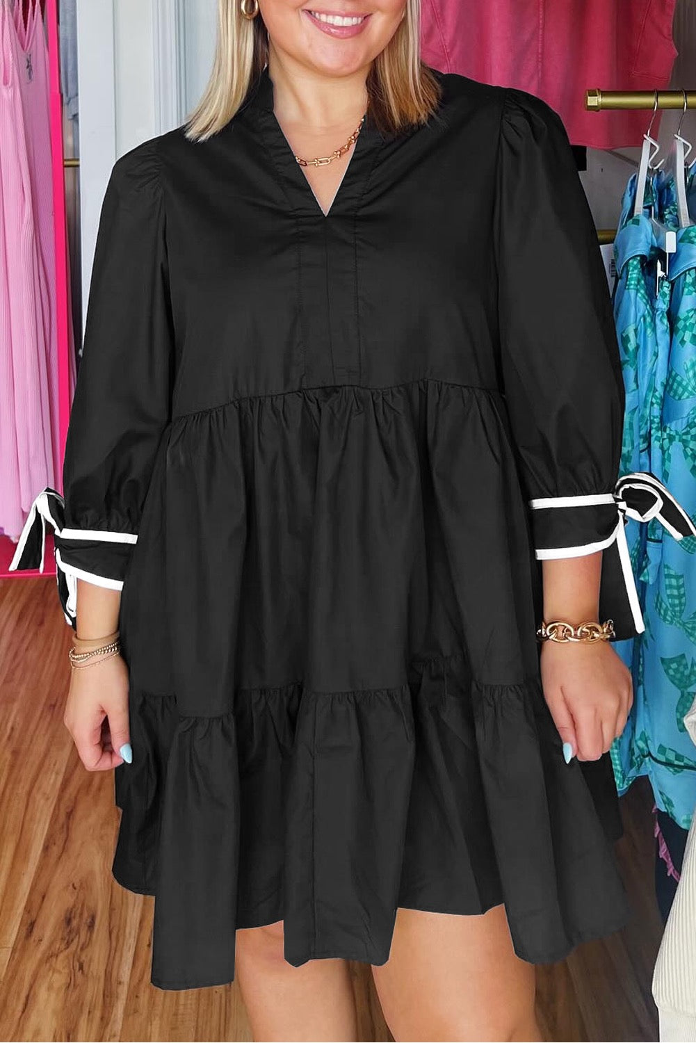 Classic Black Tiered Mini Dress with Tie Sleeve Detail Effortless Ch House of Dazzle Boutique Classic Black Tiered Mini Dress with Tie Sleeve Detail Effortless Ch House of Dazzle Boutique