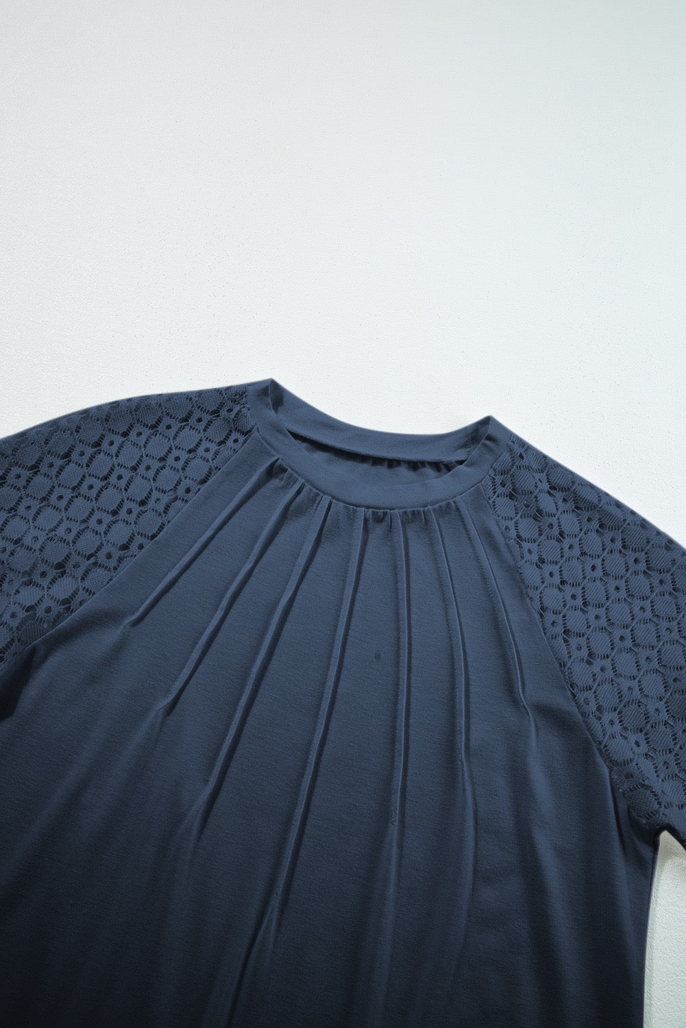 Navy Lace Sleeve Pleated Blouse – Elegant Casual Top for Women