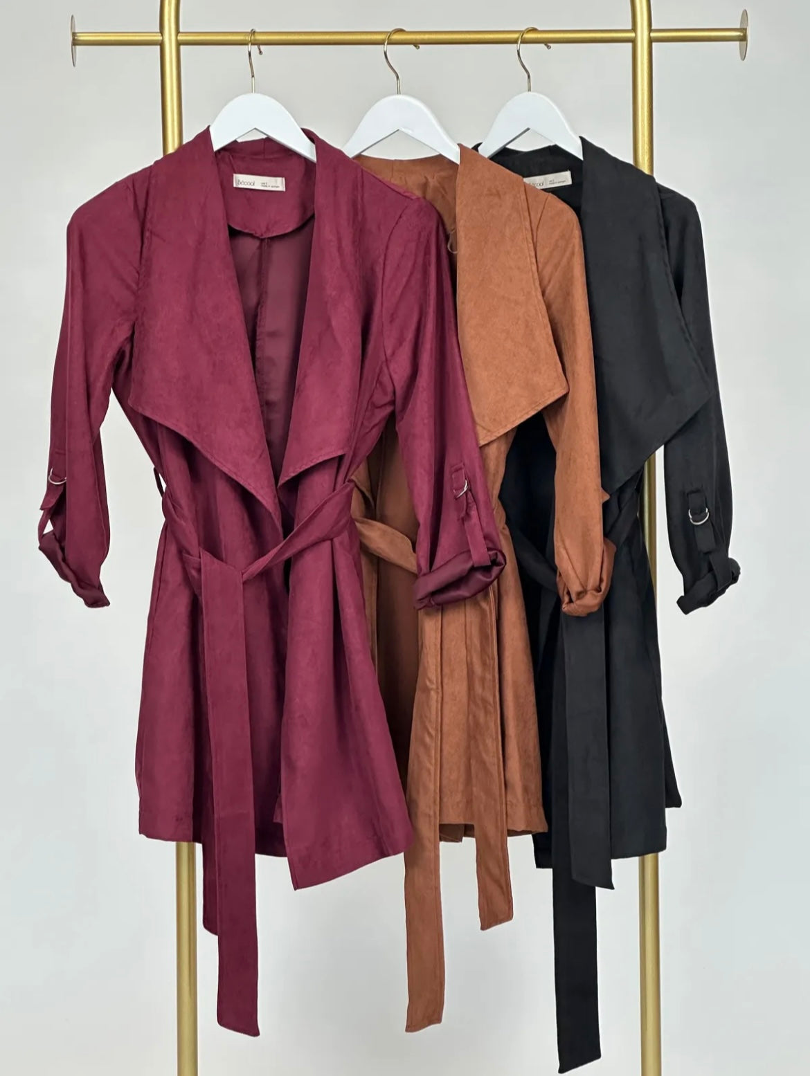 Chic Burgundy Faux Suede Waterfall Trench Jacket with