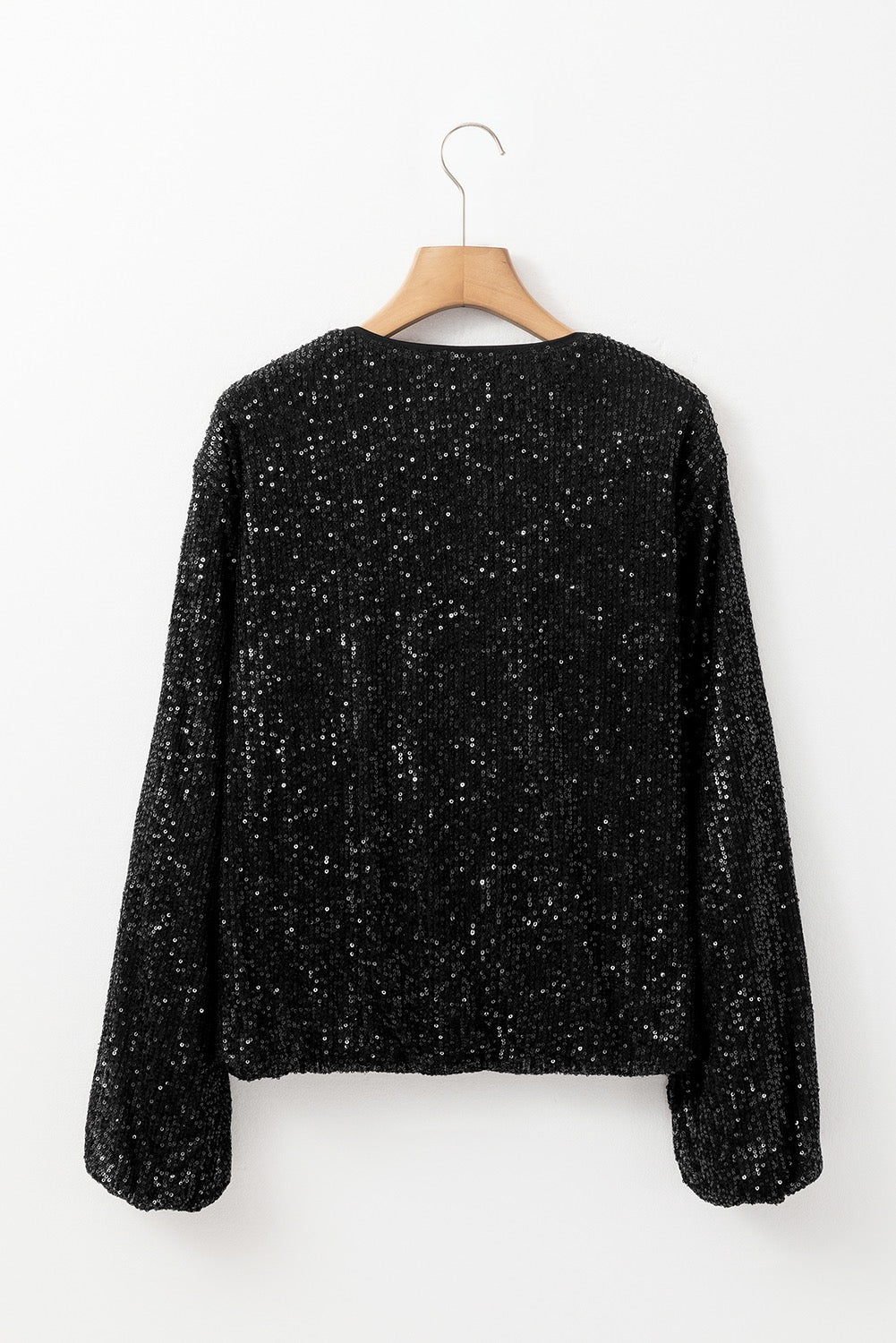 Sequin Zip Round Neck Long Sleeve Jacket - Black