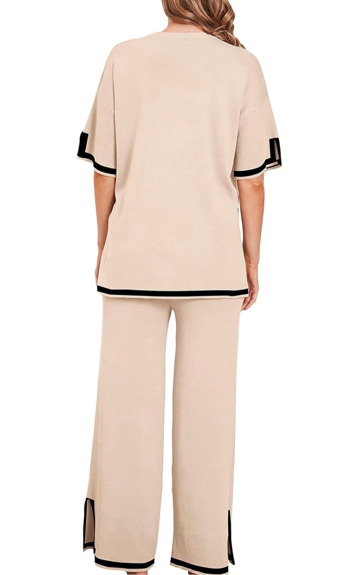 Two-Piece Knit Top & Bottom -Sand/ Black Coordinate Set