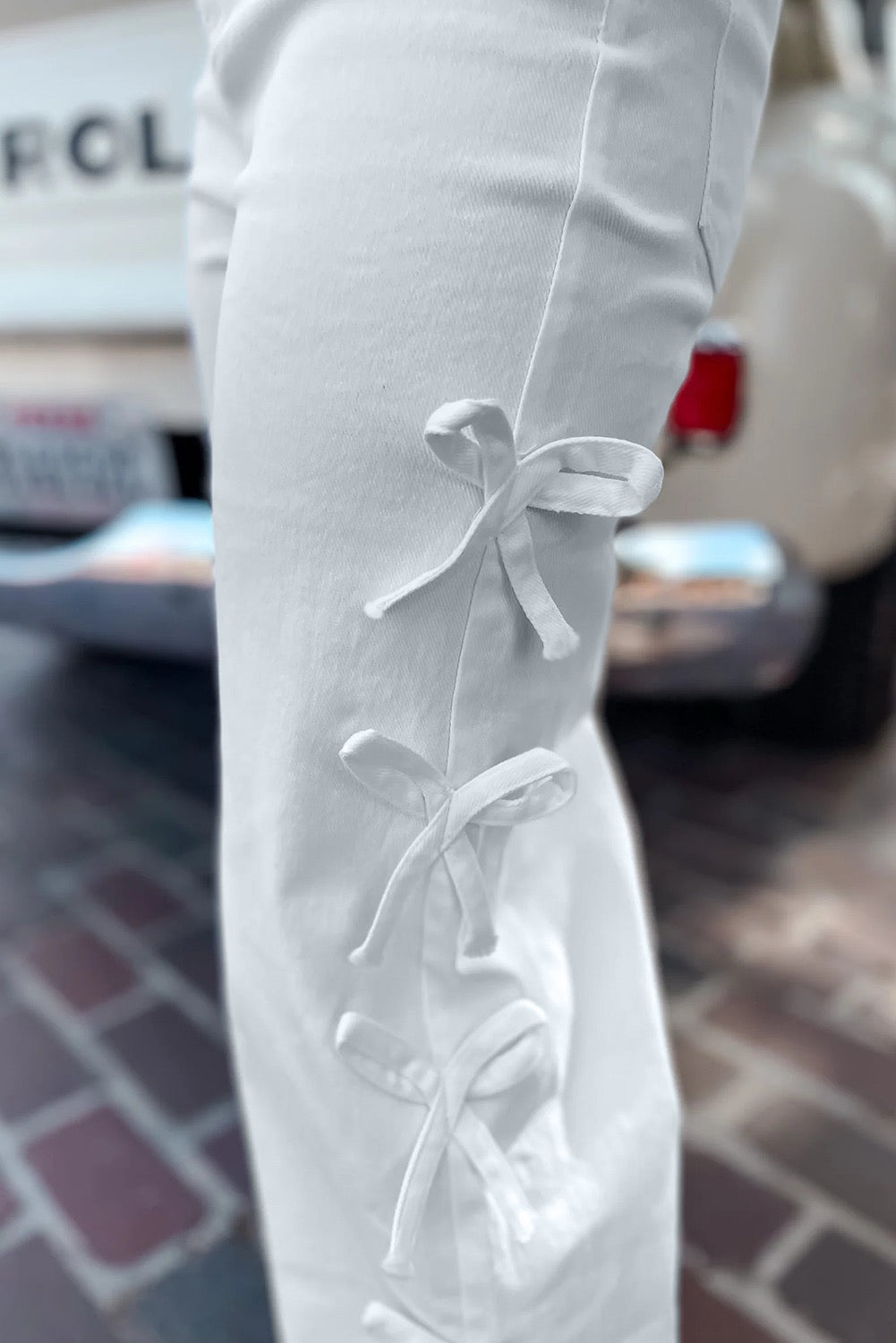 White Bow Detail Wide Leg Denim Pants for Women | High Waisted Chic Trousers