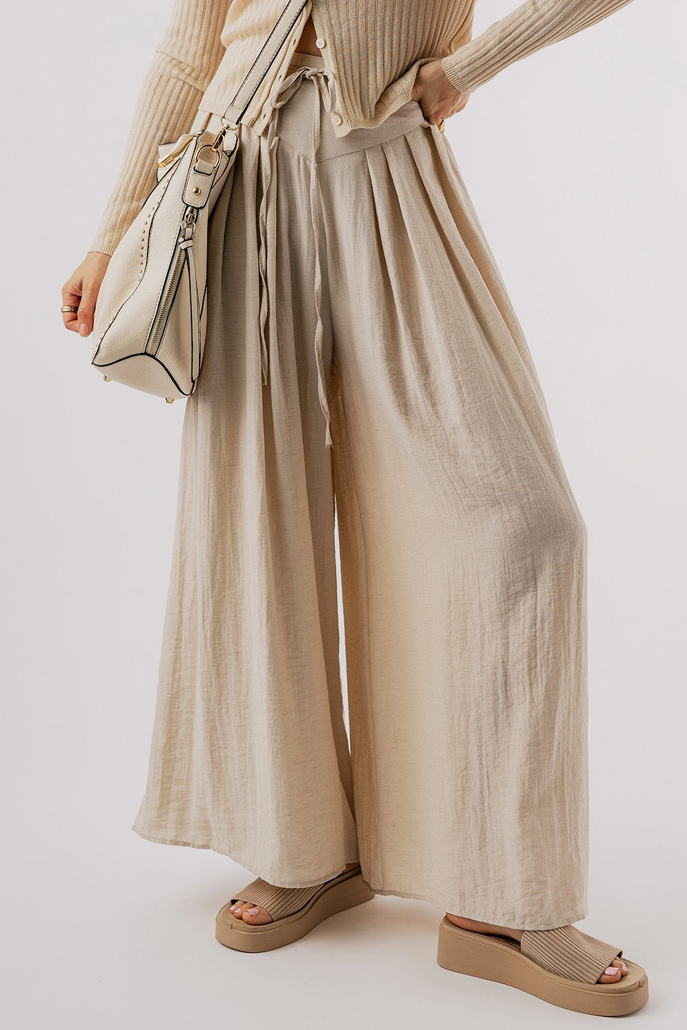 Front Tie Wide Legs Pants- Beige