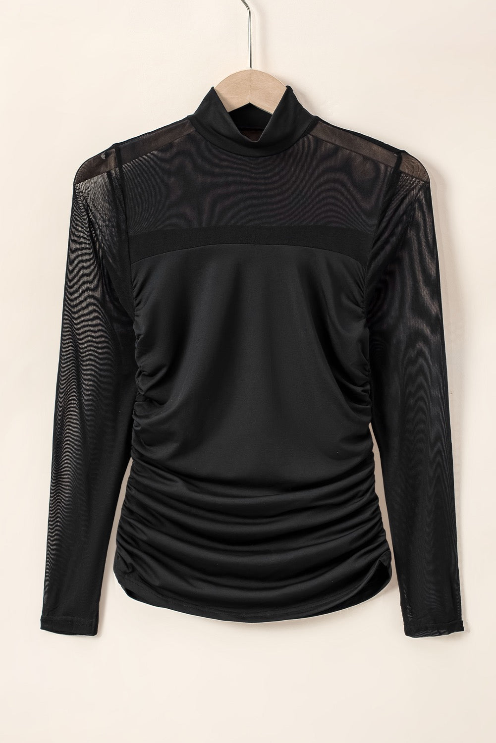High Neck Rusched Blouse - Black
