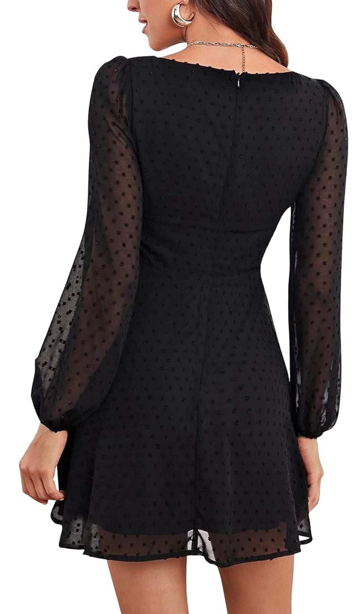 Swiss Dot Square Sheer Sleeve Dress-Black