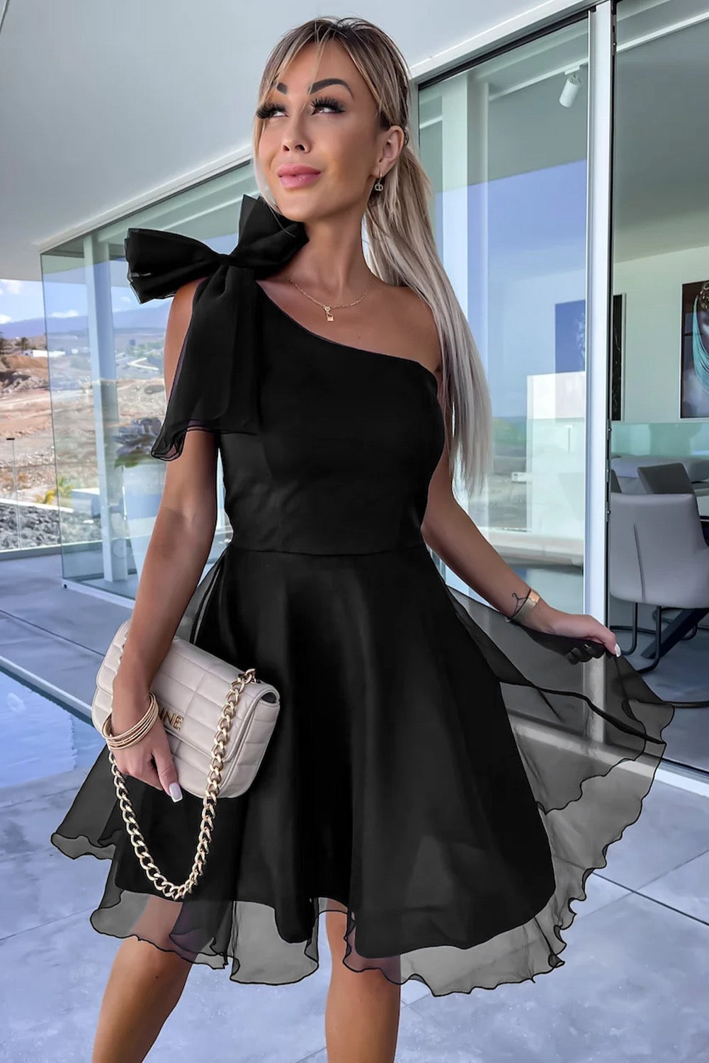 Bowtie Dress One Shoulder- Black