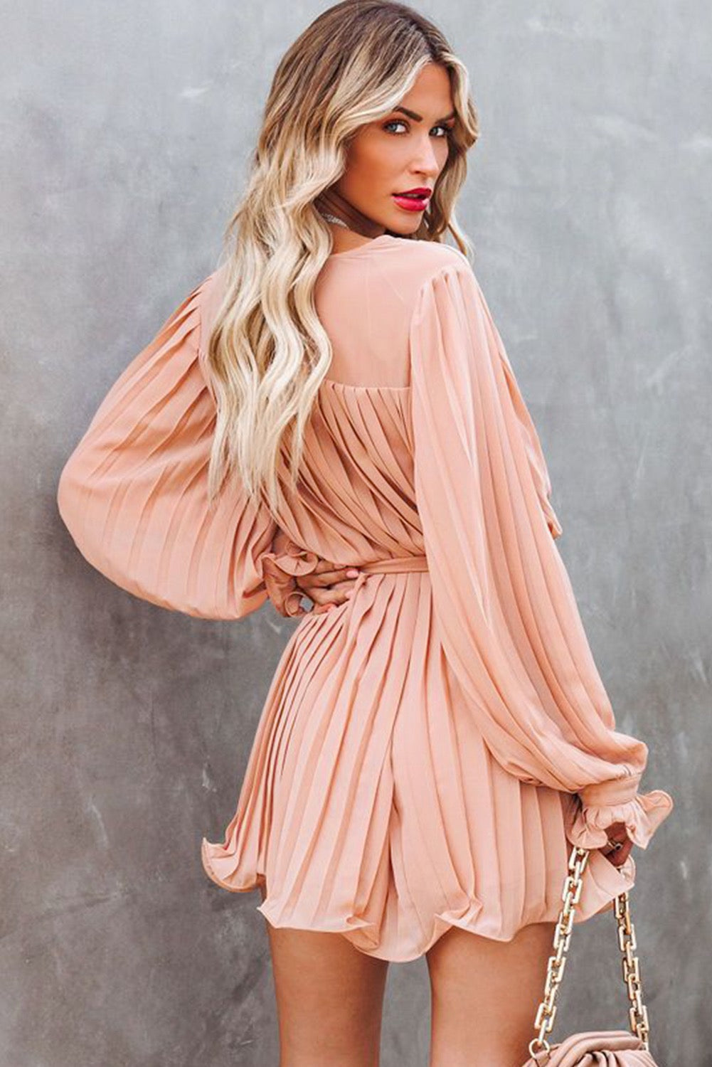 Pleated Ruffled Romper - Peach