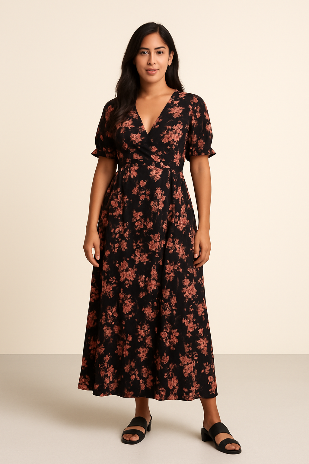 Floral V Maxi Dress – Black with Rust Blooms