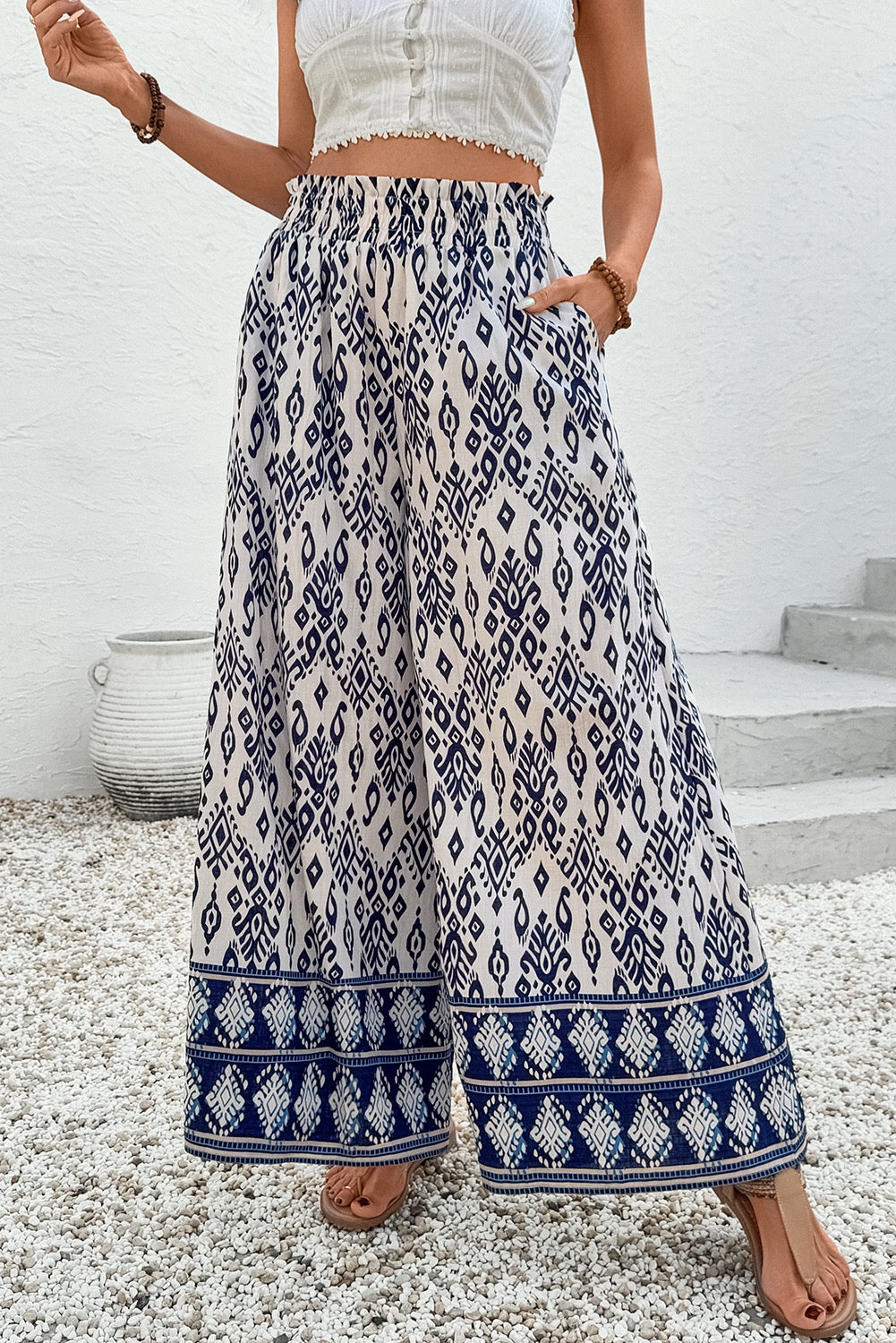 Boho Print Wide Leg Pants- Blue (Pre-Order)