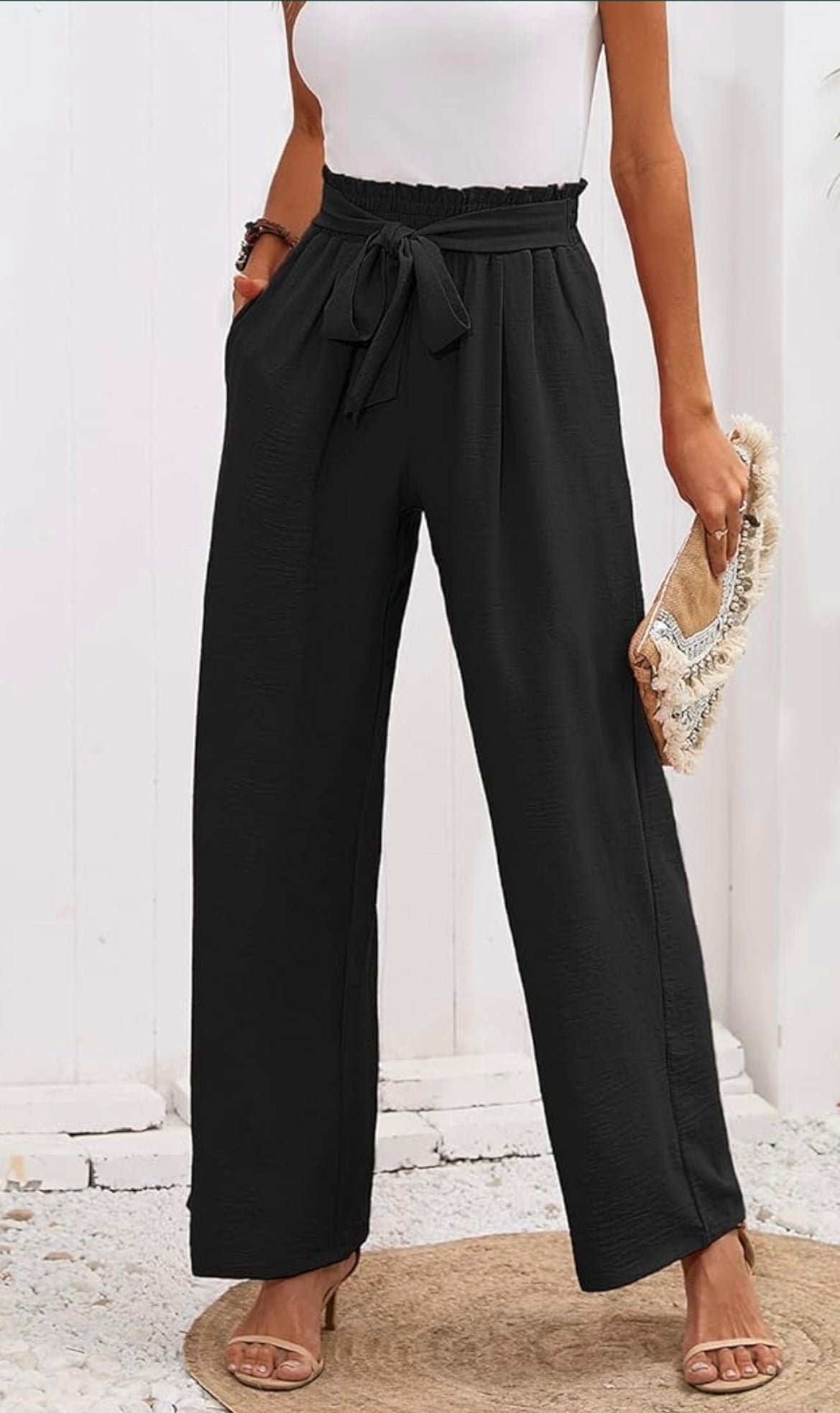 Paper Bag Waist Pants -Black