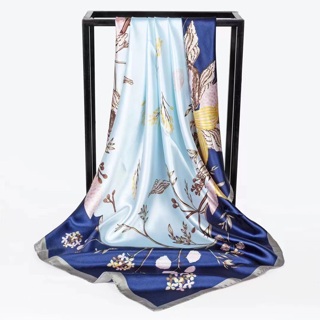 Blue Floral Satin Square Scarf for Women