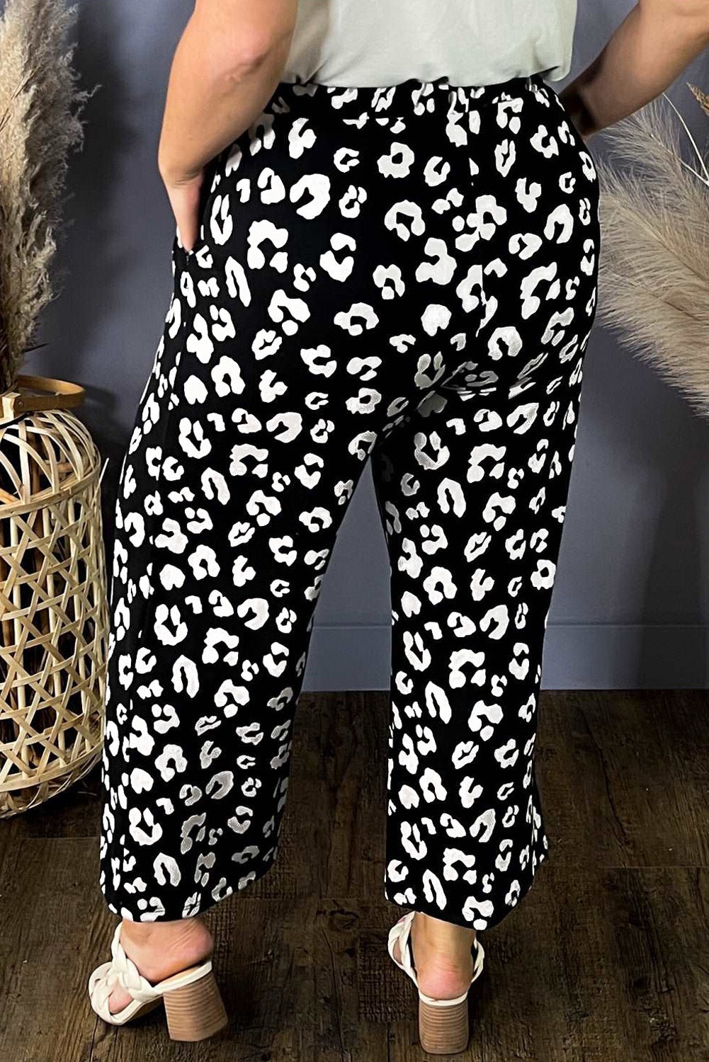 Leopard Animal Print Wide Leg Pants - Black & White