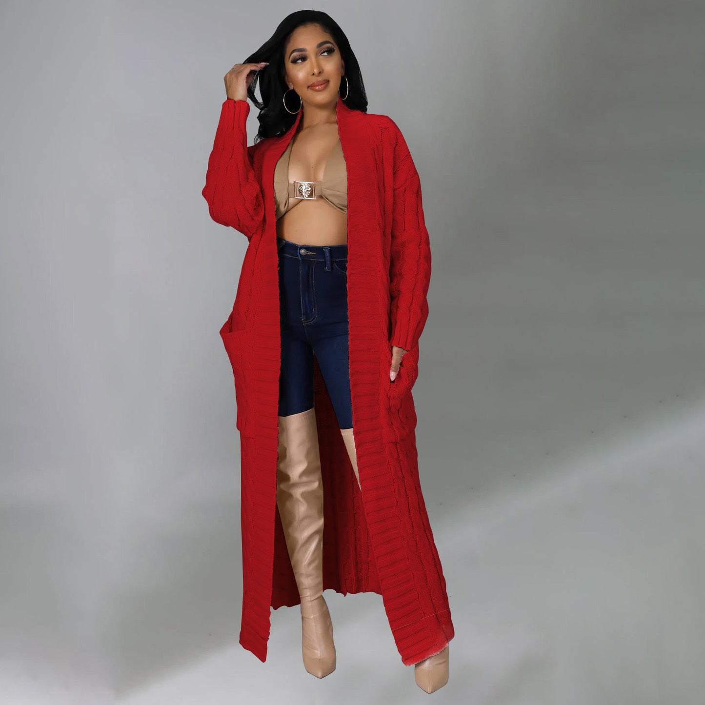 Cable knit Duster Sweater -Red