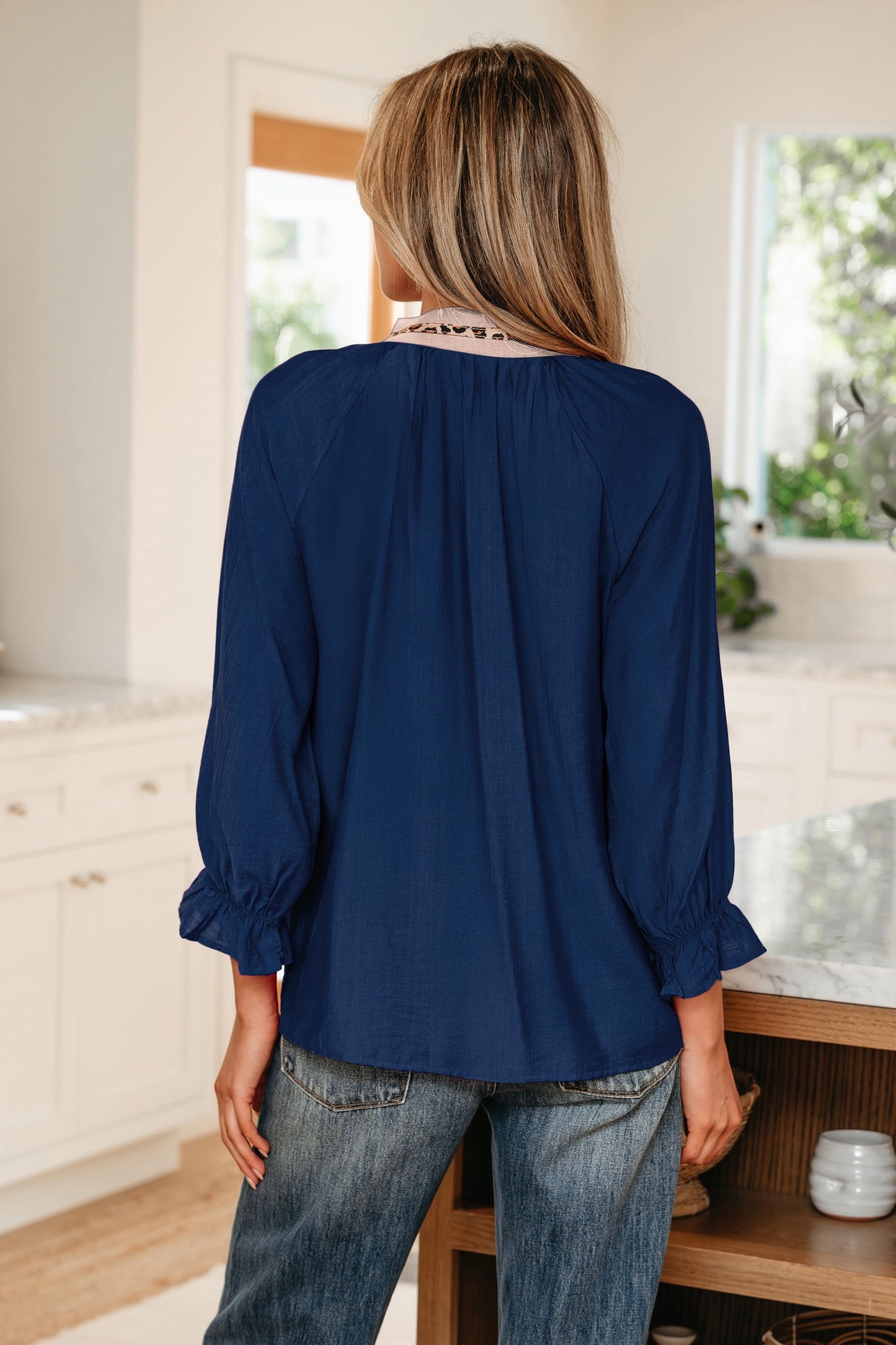 Navy Blue Leopard Trim Blouse for Women | 3/4 Sleeve Business Casual V-Neck Top