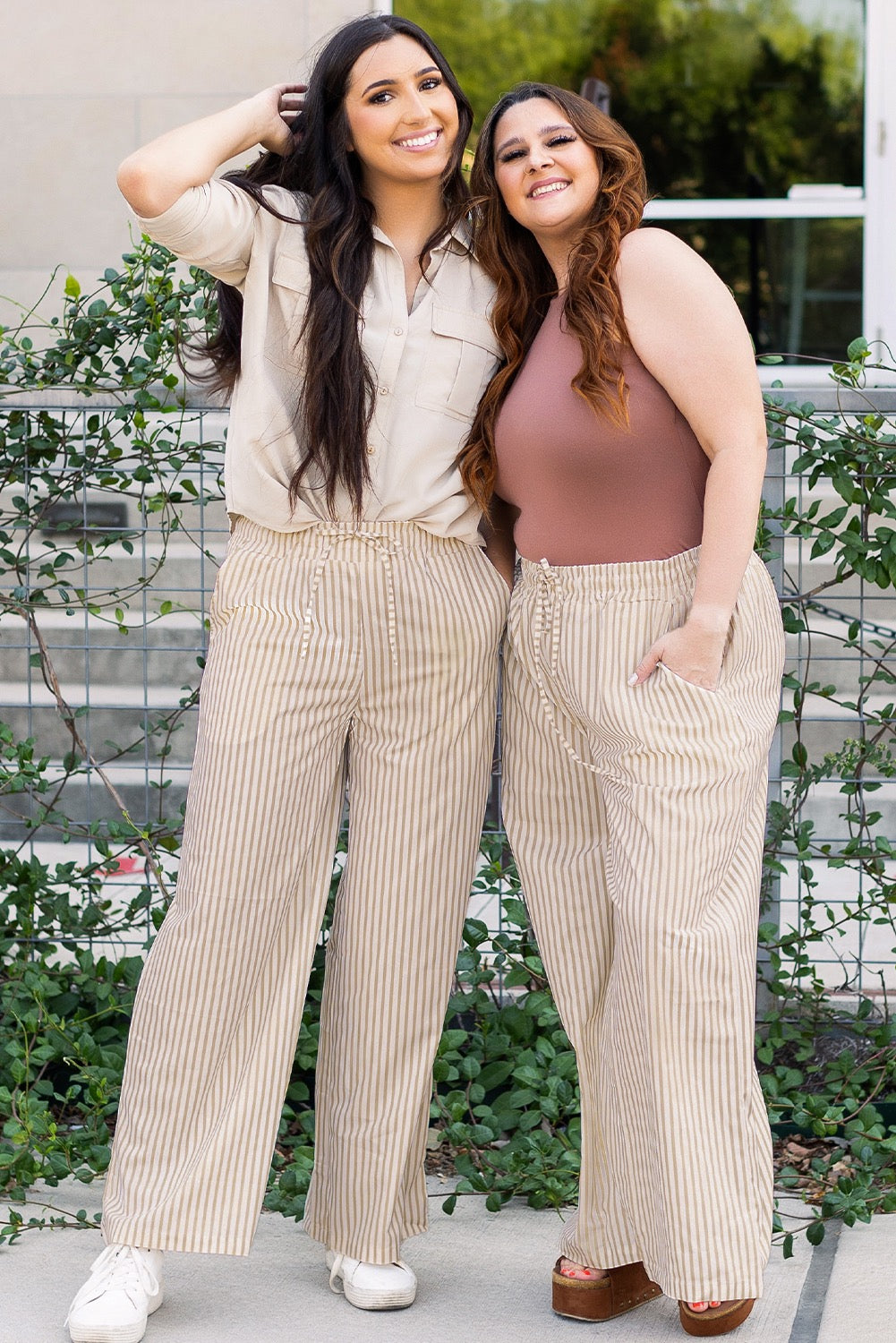 Stripe Wide Leg Drawstring Pants- Khaki