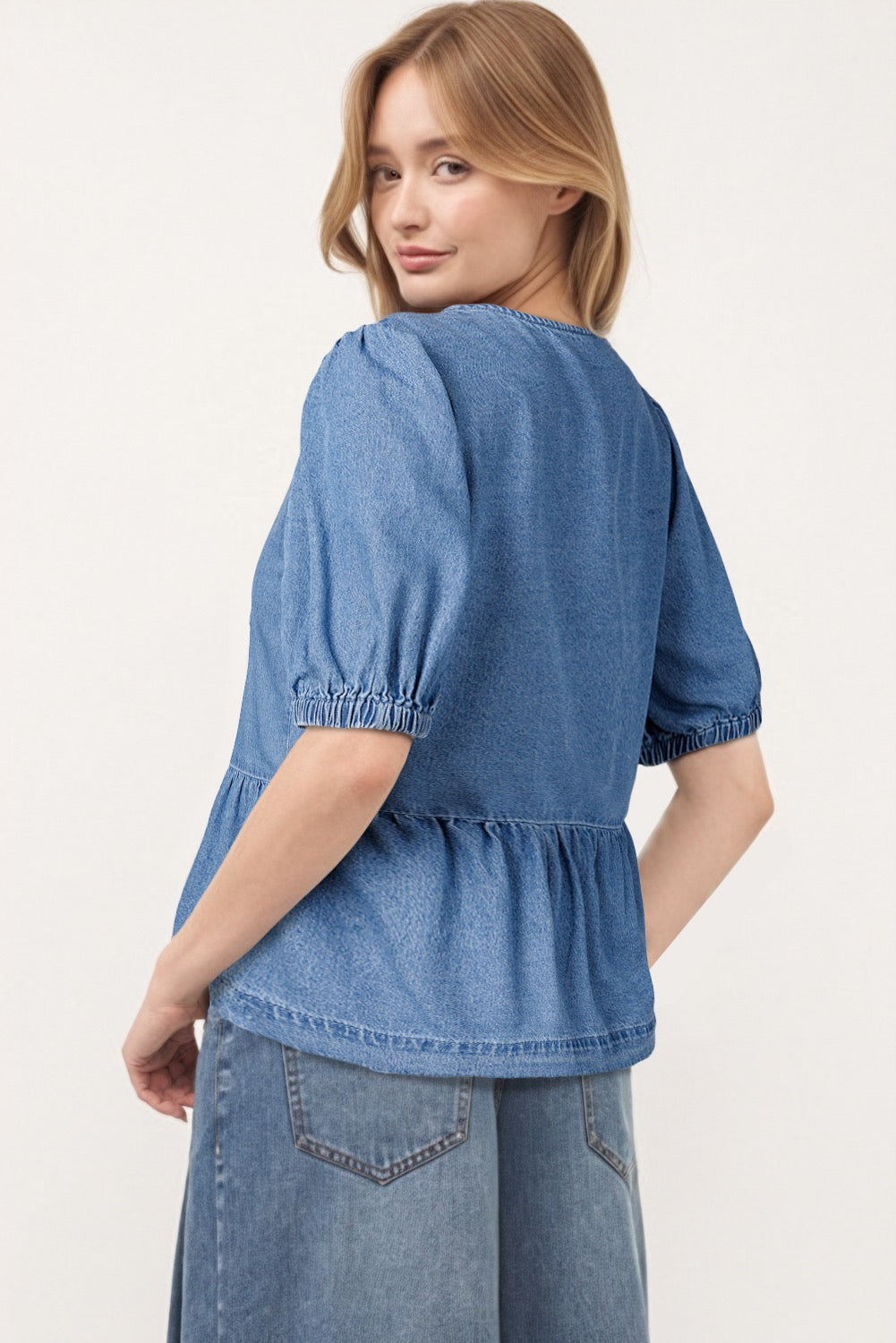 Front Tie Peplum Denim Blouse -Blue