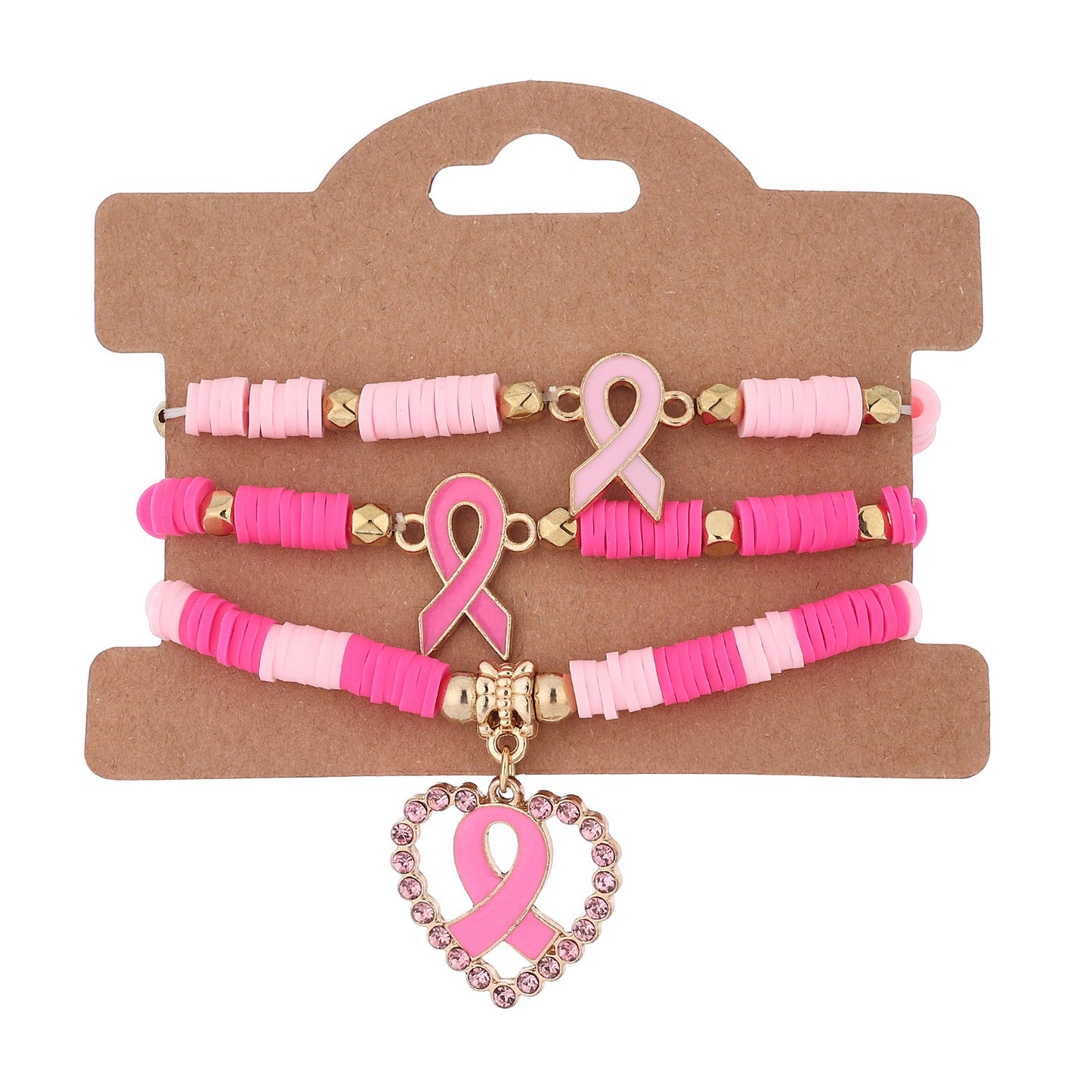 Pink Ribbon Awareness Bracelet Set – 3-Piece Beaded Stack with Gold Accents & Heart Charm