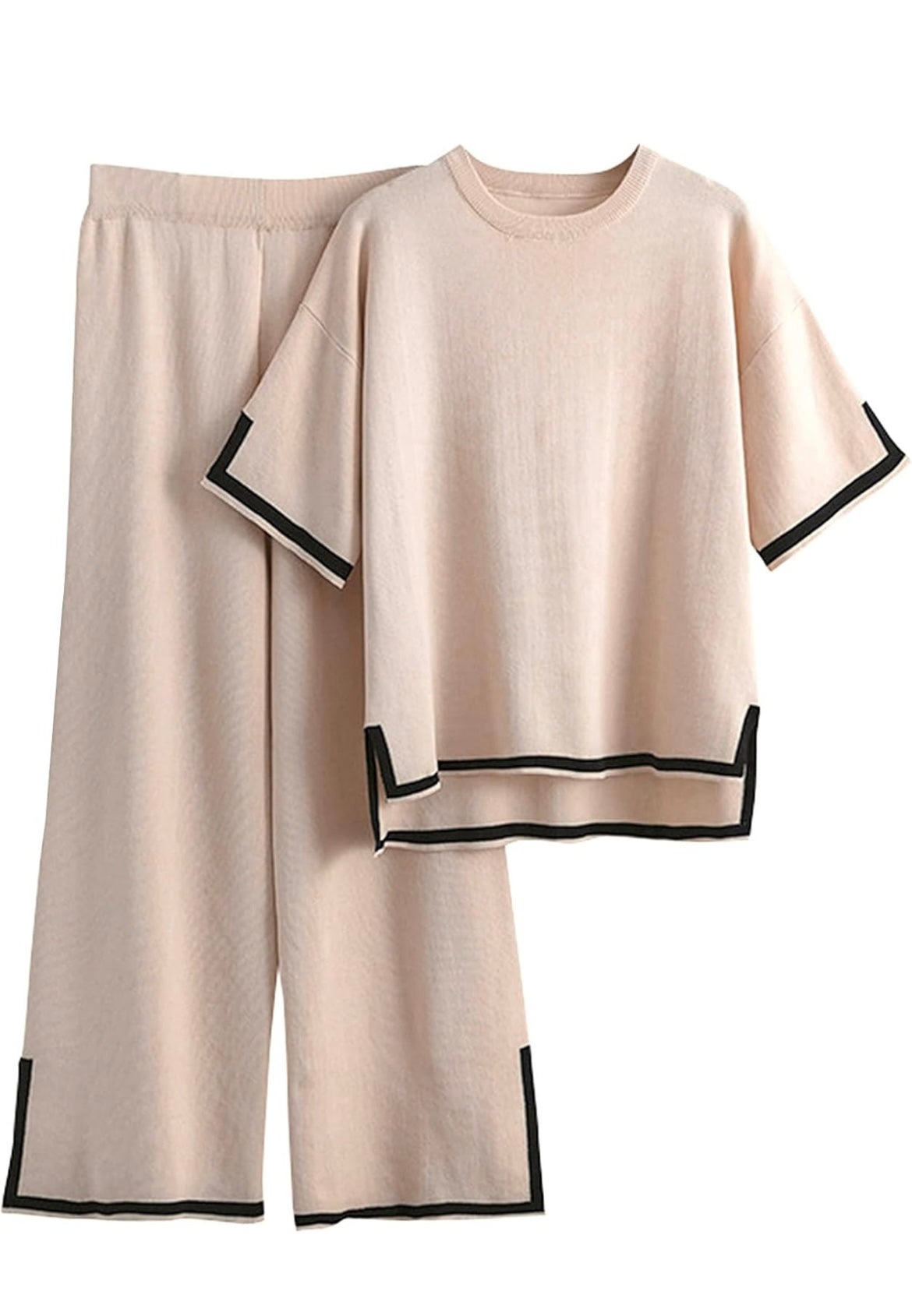 Two-Piece Knit Top & Bottom -Sand/ Black Coordinate Set