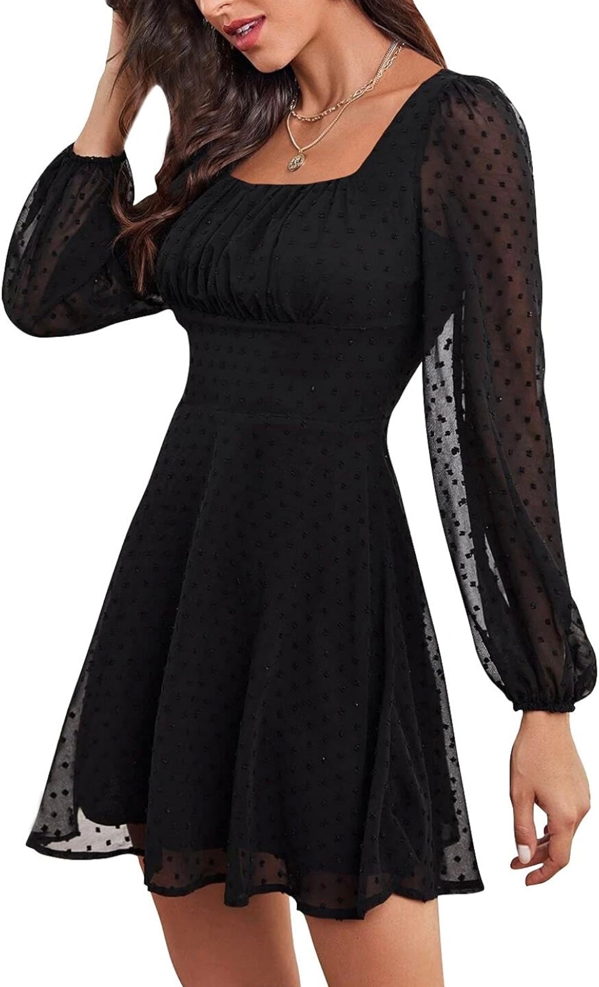 Swiss Dot Square Sheer Sleeve Dress-Black