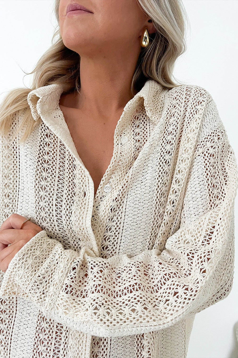 Lace Crochet Collard Oversize Tunic Dress- Beige