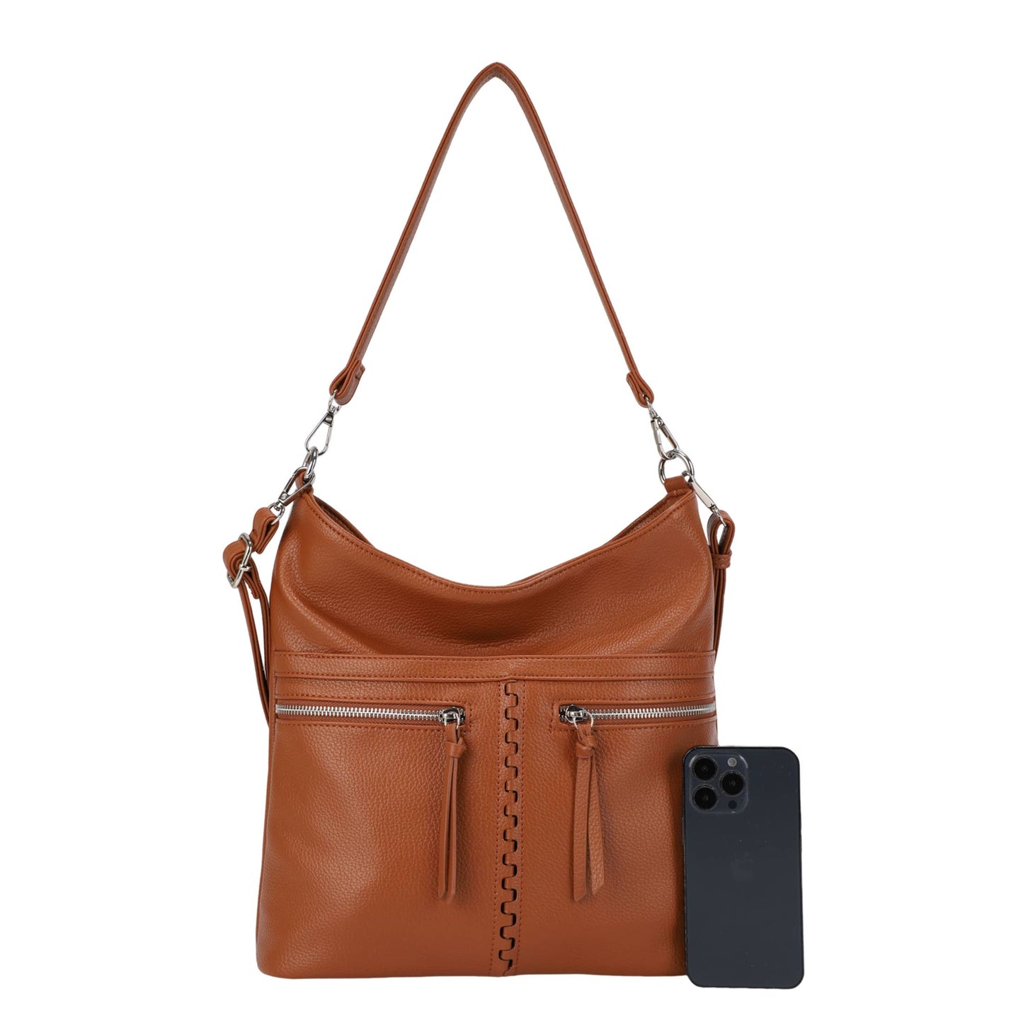 Cognac Faux Leather Slouchy Hobo Bag with Front Zipper Pockets