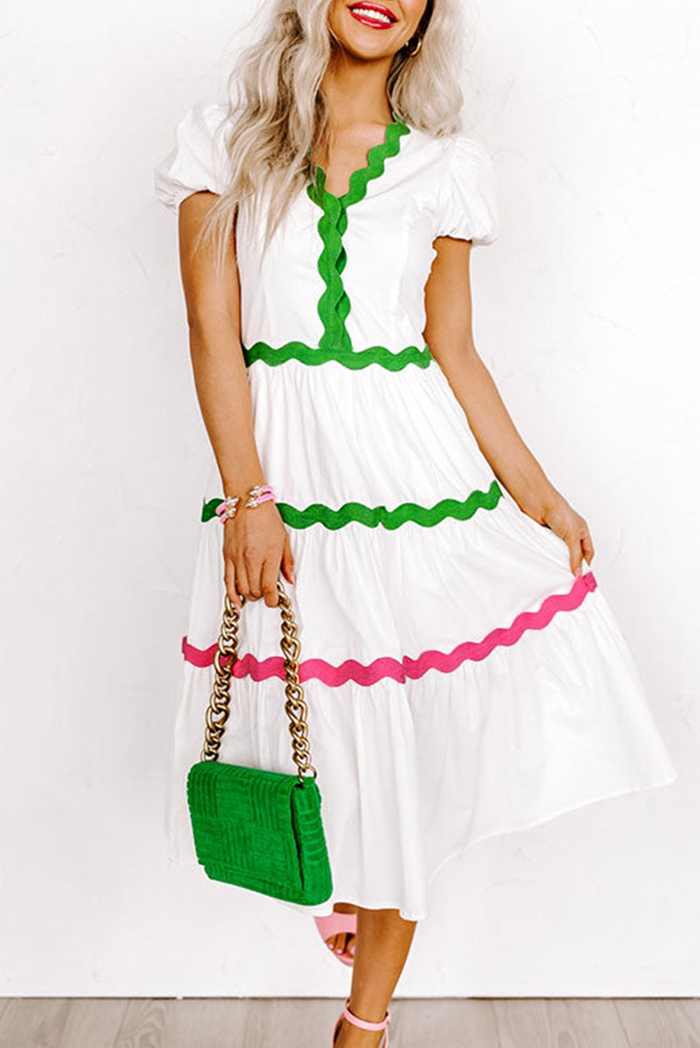 Wavy Trim Tiered Dress - Green & Pink