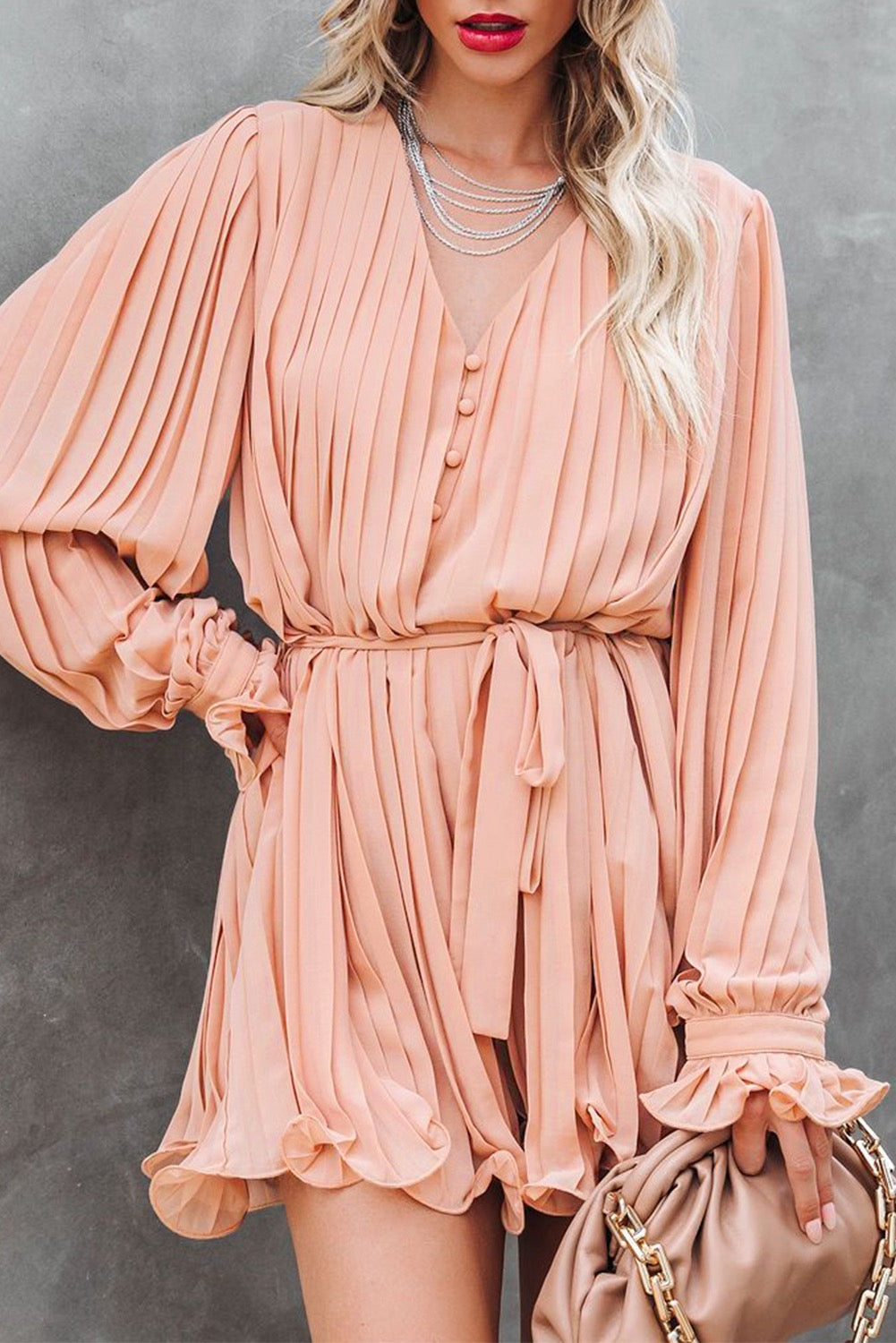 Blush Pleated Long Sleeve Romper with Waist Tie Elegant Womens Dressy Romper S (4-6) Blush Pleated Long Sleeve Romper with Waist Tie Elegant Womens Dressy Romper S (4-6)