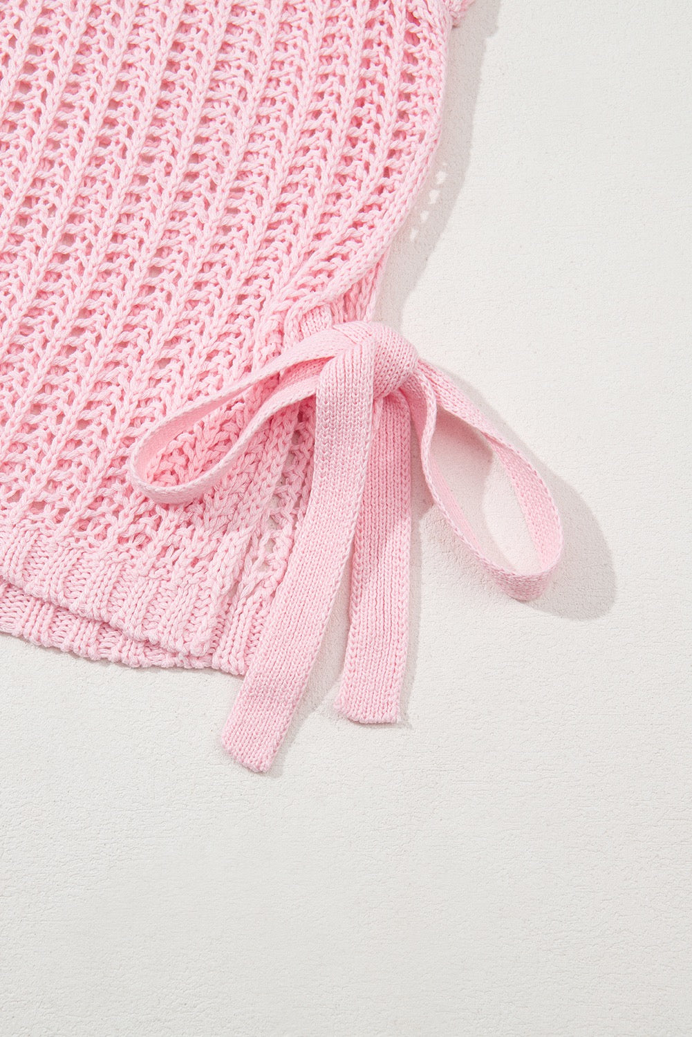 Crochet Side Tie Short Sleeve Top -Pink