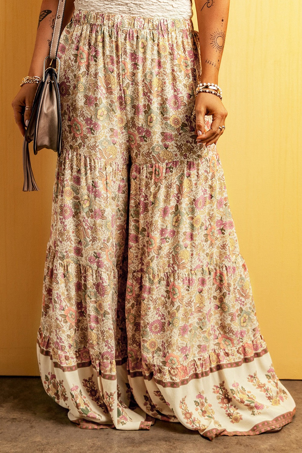 Flower Patch Wide Leg Pants-Multi-Colored