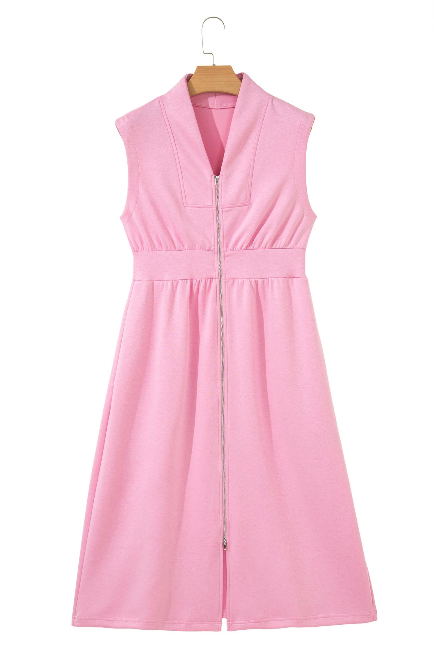 Pink Sleeveless Zip Front Midi Dress for Women | Casual Elegant Waist-Defined Summer Dress with Pockets