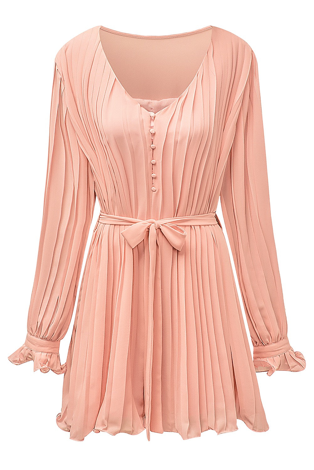 Pleated Ruffled Romper - Peach